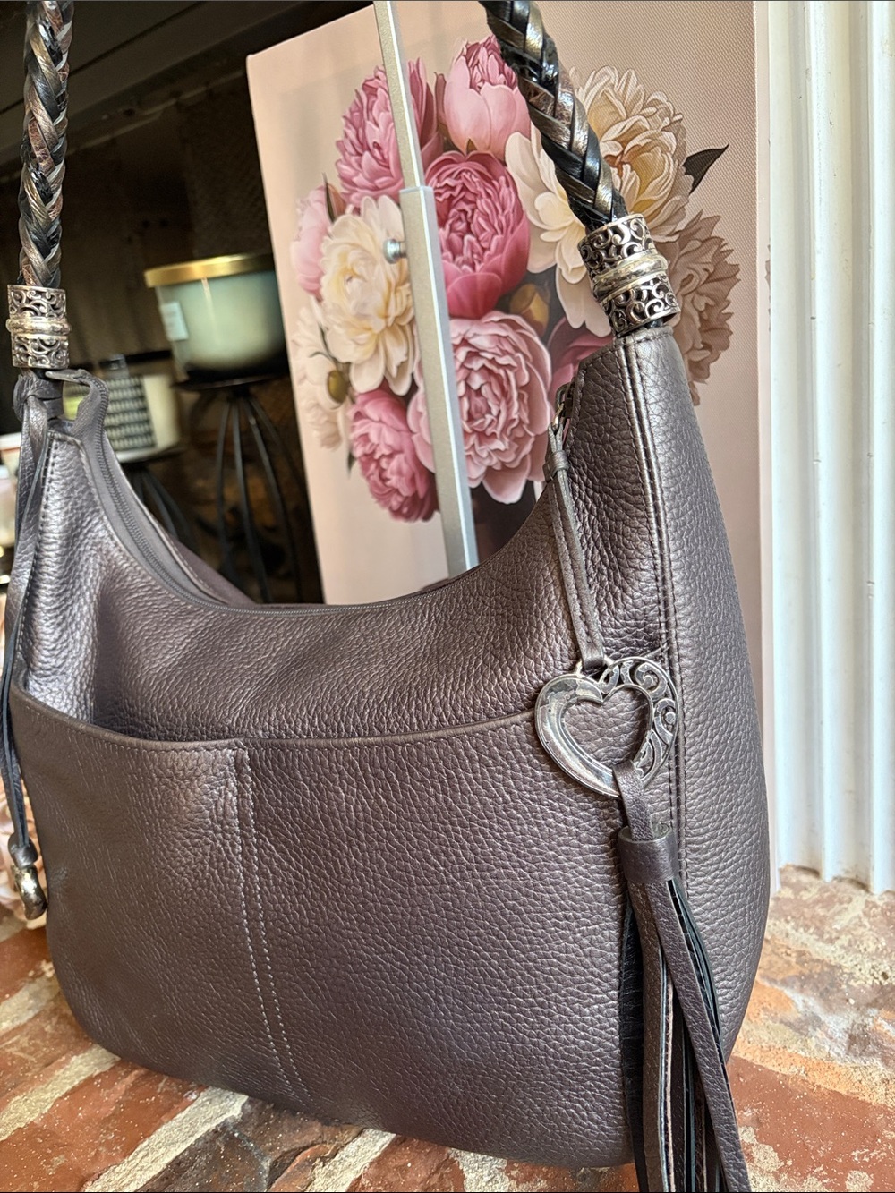 Brighton Dark Brown Pebbled Leather Braided Shoulder Hobo Bag Heart Tassel - Picture 2 of 9